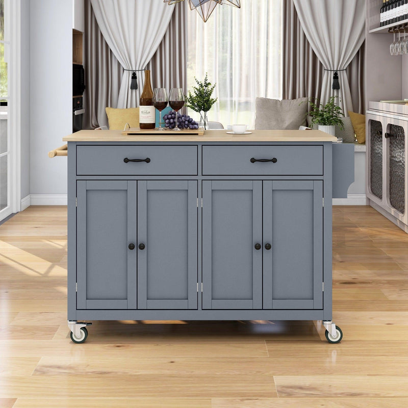 Kitchen Island Cart with Solid Wood Top and Locking Wheels,54.3 Inch Width,4 Door Cabinet and Two Drawers,Spice Rack, Towel Rack (Grey Blue) - Supfirm