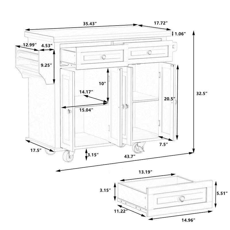 Kitchen Island Cart with Two Storage Cabinets and Two Locking Wheels,43.31 Inch Width,4 Door Cabinet and Two Drawers,Spice Rack, Towel Rack(White) - Supfirm