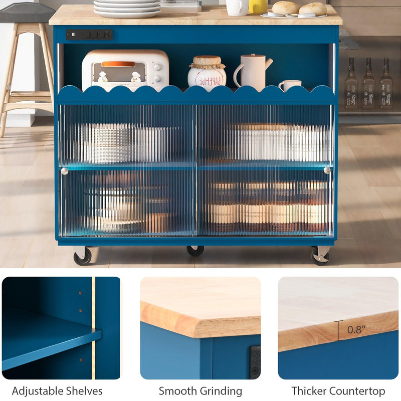 Kitchen Island with Drop Leaf, LED Light Kitchen Cart on Wheels with Power Outlets, 2 Sliding Fluted Glass Doors, Large Kitchen Island Cart with 2 Cabinet and 1 open Shelf (Navy Blue) - Supfirm