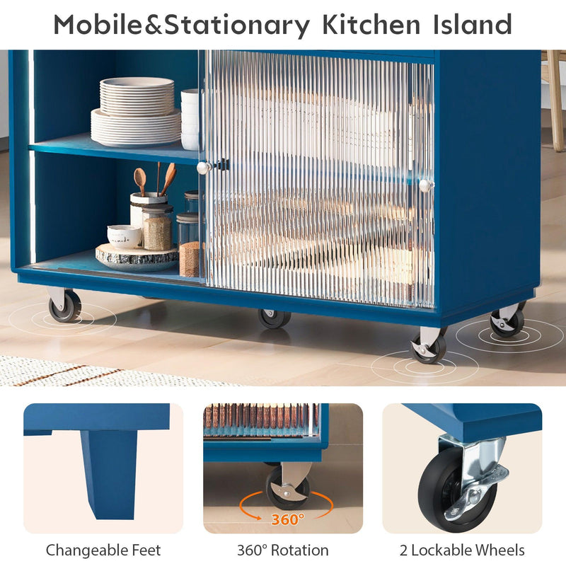 Kitchen Island with Drop Leaf, LED Light Kitchen Cart on Wheels with Power Outlets, 2 Sliding Fluted Glass Doors, Large Kitchen Island Cart with 2 Cabinet and 1 open Shelf (Navy Blue) - Supfirm