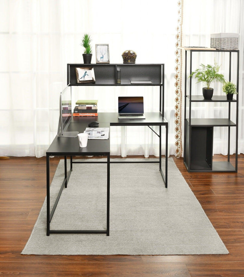 L-Shaped Desk with Hutch Reversible Corner Computer Desk with Storage Shelves, Industrial 54.3" L Shaped Desk Large Gaming Desk Saves Space for Home Office, Black - Supfirm