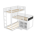 L-shaped Wood Triple Twin Size Bunk Bed with Storage Cabinet and Blackboard, Ladder, White - Supfirm