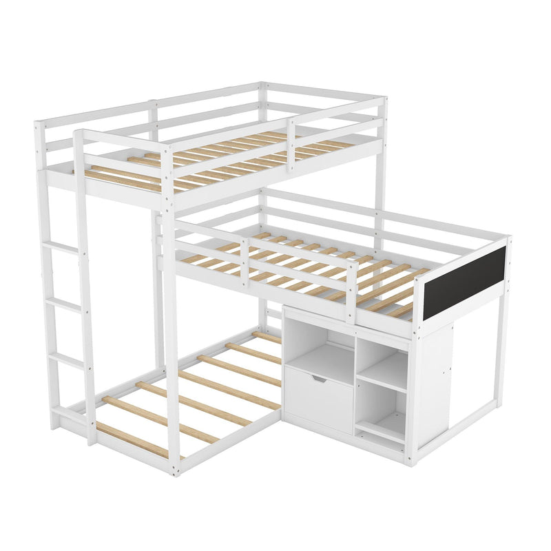 L-shaped Wood Triple Twin Size Bunk Bed with Storage Cabinet and Blackboard, Ladder, White - Supfirm