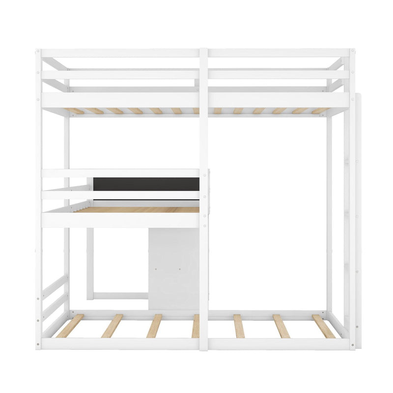 L-shaped Wood Triple Twin Size Bunk Bed with Storage Cabinet and Blackboard, Ladder, White - Supfirm