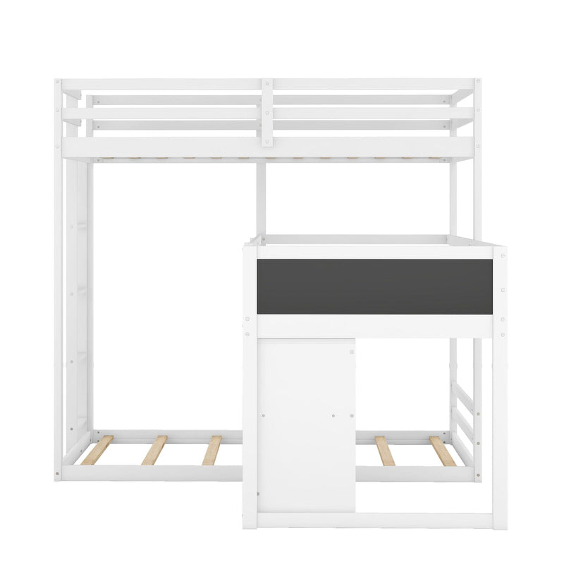 L-shaped Wood Triple Twin Size Bunk Bed with Storage Cabinet and Blackboard, Ladder, White - Supfirm