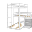 L-shaped Wood Triple Twin Size Bunk Bed with Storage Cabinet and Blackboard, Ladder, White - Supfirm