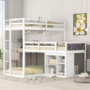 L-shaped Wood Triple Twin Size Bunk Bed with Storage Cabinet and Blackboard, Ladder, White - Supfirm