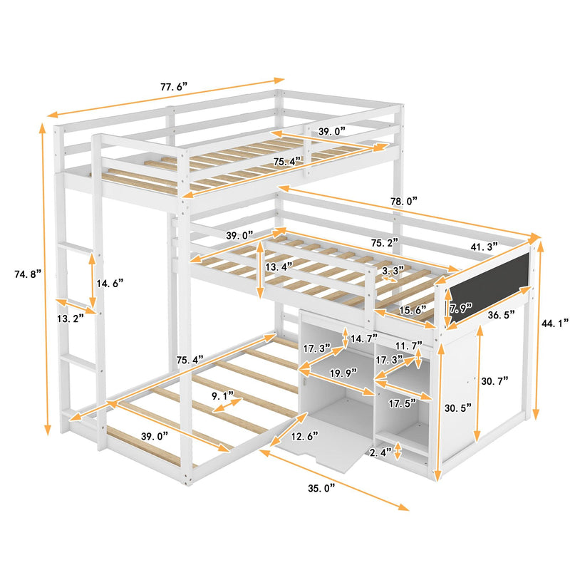 L-shaped Wood Triple Twin Size Bunk Bed with Storage Cabinet and Blackboard, Ladder, White - Supfirm