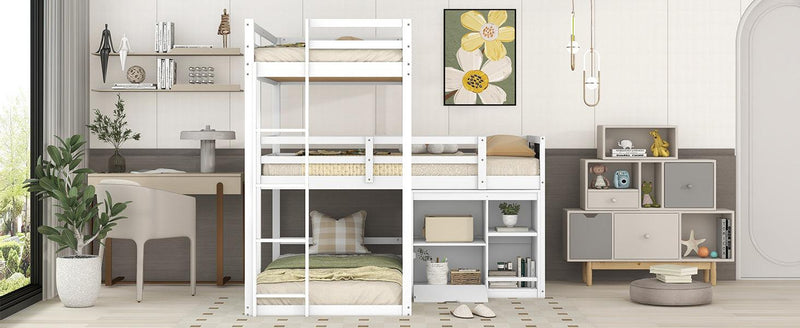 L-shaped Wood Triple Twin Size Bunk Bed with Storage Cabinet and Blackboard, Ladder, White - Supfirm