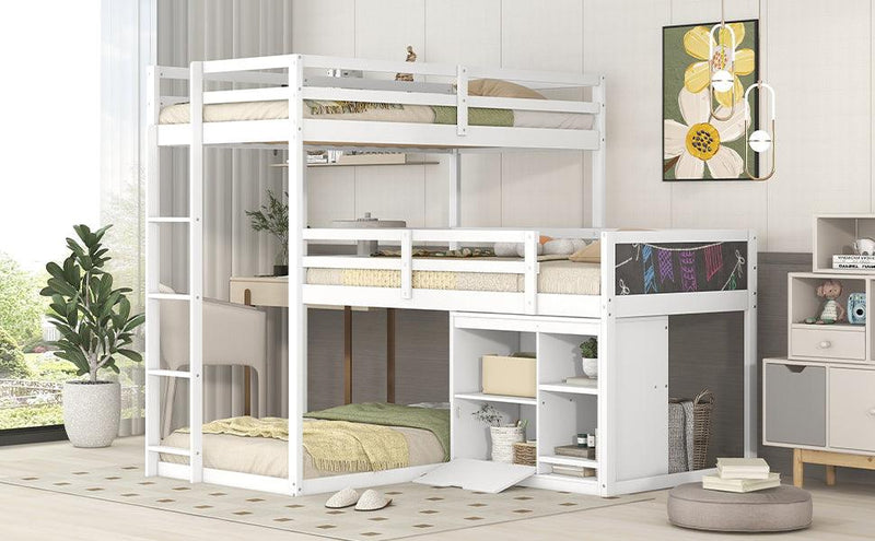 L-shaped Wood Triple Twin Size Bunk Bed with Storage Cabinet and Blackboard, Ladder, White - Supfirm