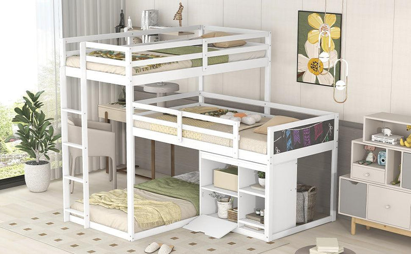 L-shaped Wood Triple Twin Size Bunk Bed with Storage Cabinet and Blackboard, Ladder, White - Supfirm