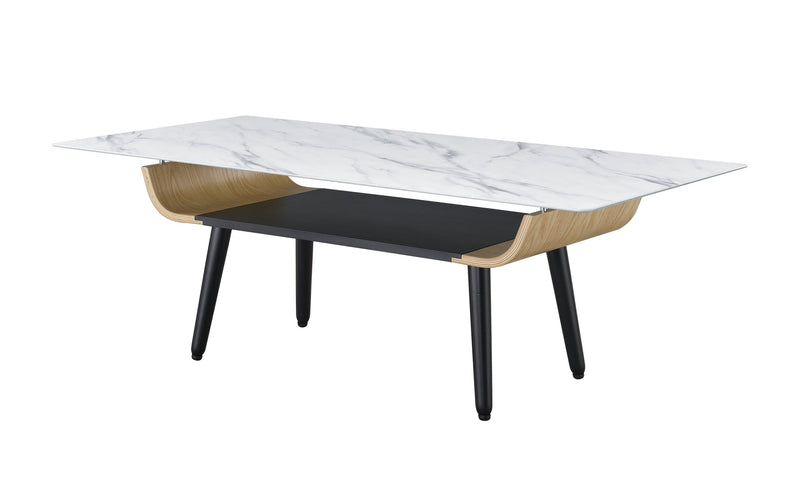 Landon Coffee Table with Glass White Marble Texture Top and Bent Wood Design - Supfirm