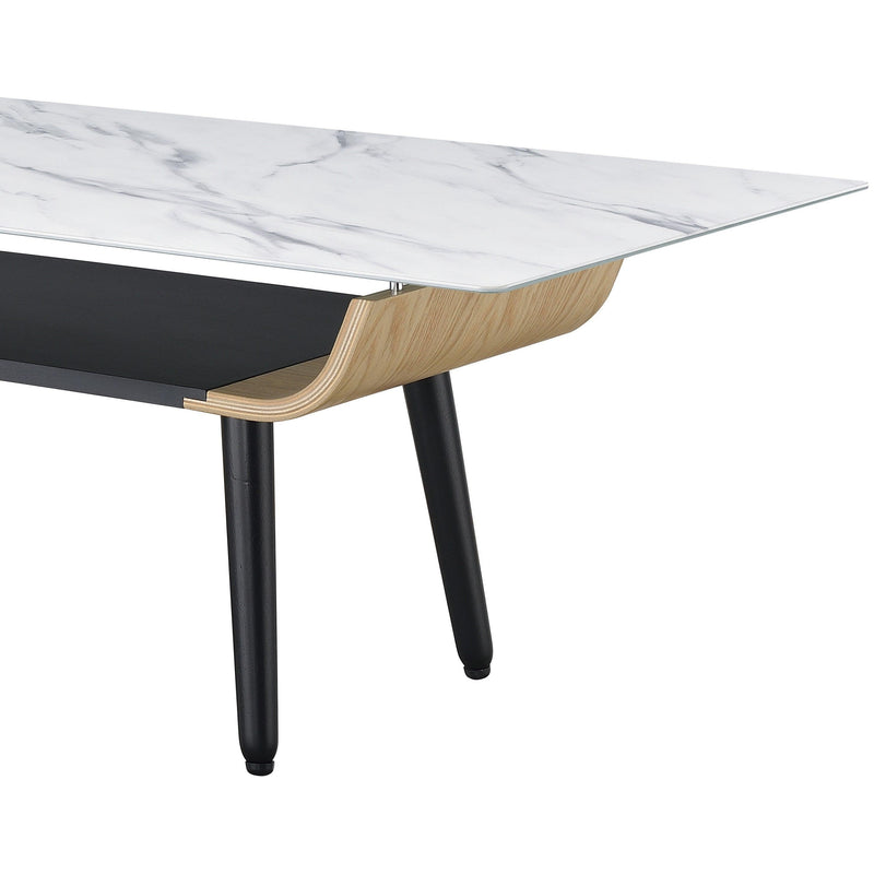 Landon Coffee Table with Glass White Marble Texture Top and Bent Wood Design - Supfirm
