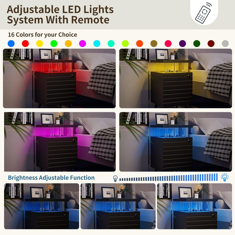 LED Nightstand LED Bedside Table End Tables Living Room with 4 Acrylic Columns, Bedside Table with Drawers for Bedroom Black - Supfirm