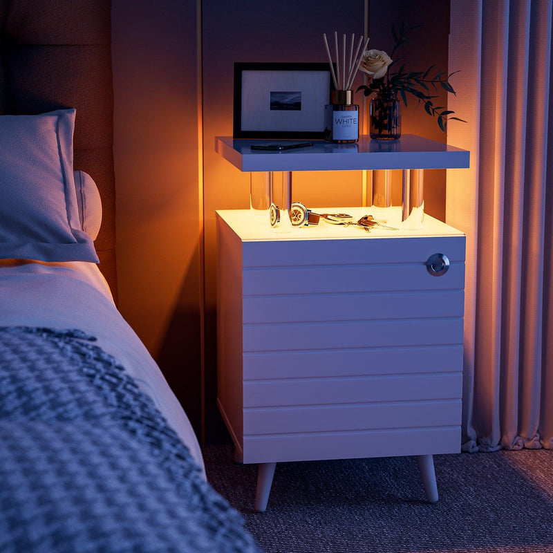 LED Nightstand LED Bedside Table End Tables Living Room with 4 Acrylic Columns, Bedside Table with Drawers for Bedroom White - Supfirm