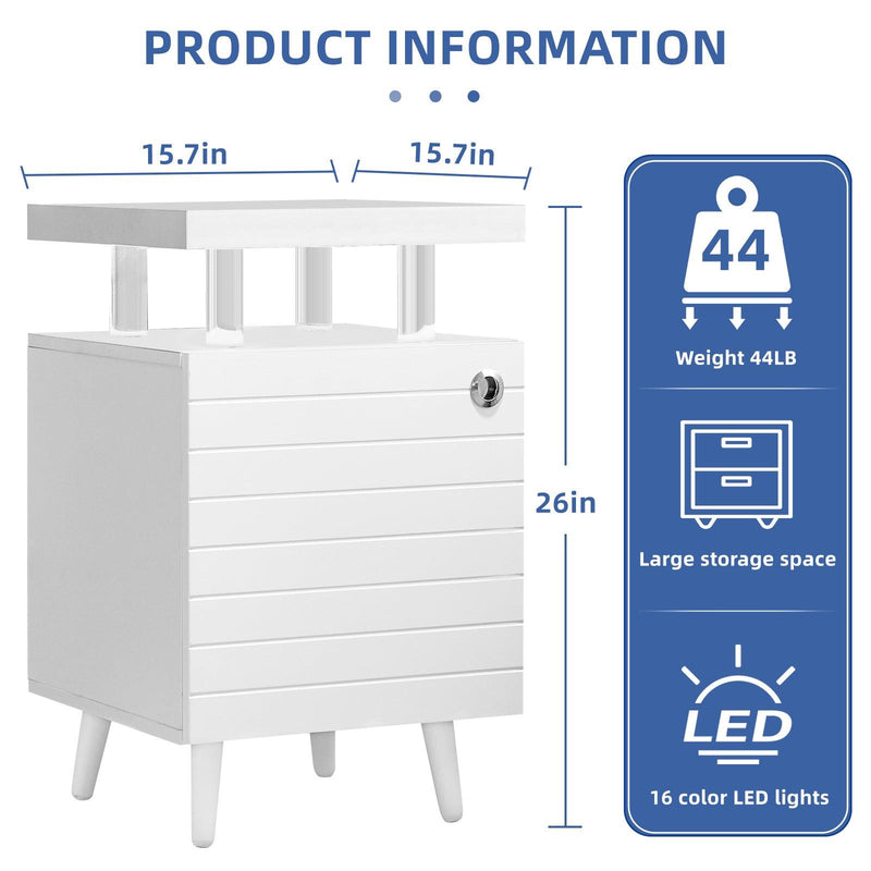 LED Nightstand LED Bedside Table End Tables Living Room with 4 Acrylic Columns, Bedside Table with Drawers for Bedroom White - Supfirm