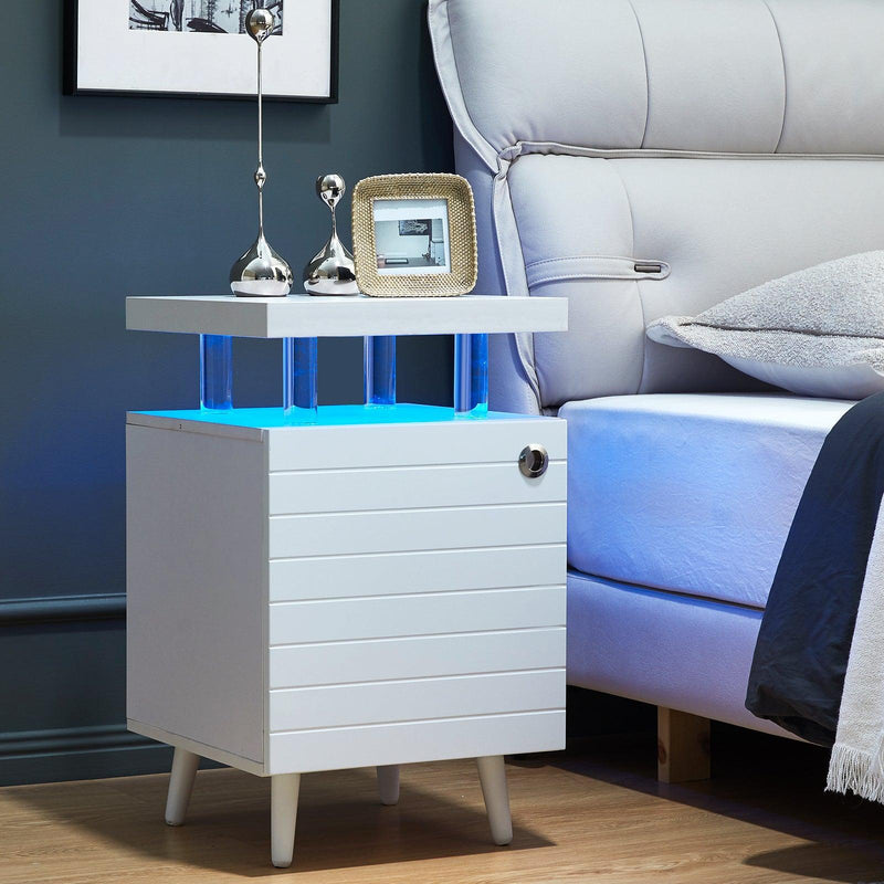 LED Nightstand LED Bedside Table End Tables Living Room with 4 Acrylic Columns, Bedside Table with Drawers for Bedroom White - Supfirm