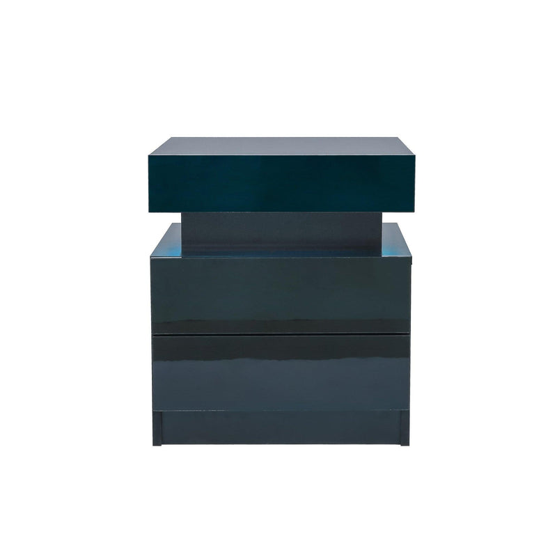 LED Nightstand Modern Black Nightstand with Led Lights Wood Led Bedside Table Nightstand with 2 High Gloss Drawers for Bedroom - Supfirm