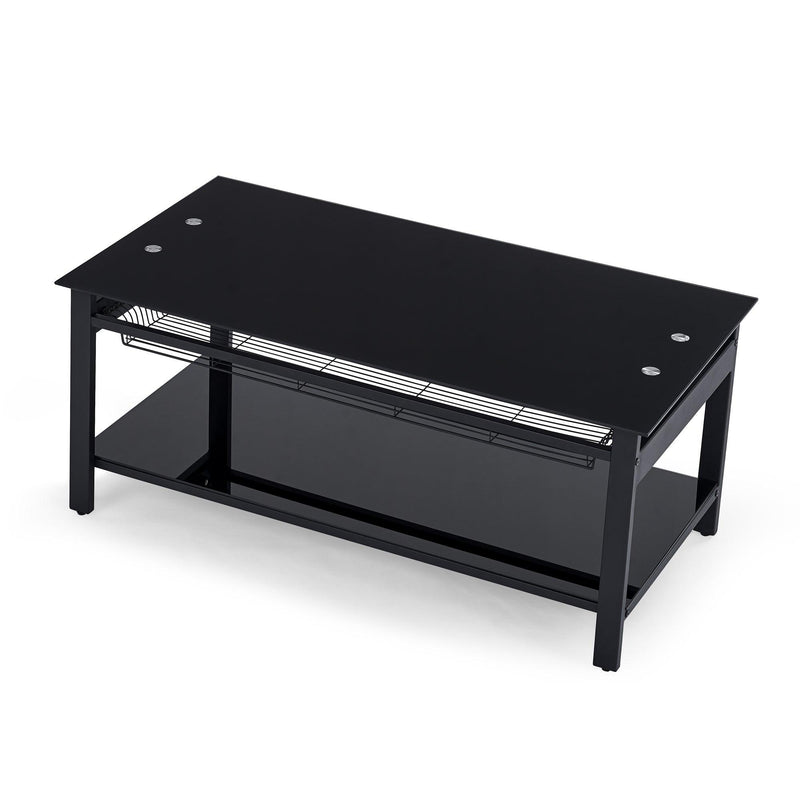 Lift and Lift Coffee Table with Hidden Dividers and Storage Shelves, Lift and Lift Tempered Glass Top Dining Table for Living Room Reception Room, Black - Supfirm