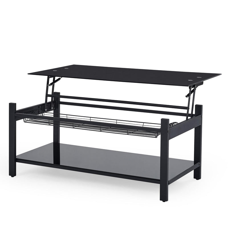 Lift and Lift Coffee Table with Hidden Dividers and Storage Shelves, Lift and Lift Tempered Glass Top Dining Table for Living Room Reception Room, Black - Supfirm