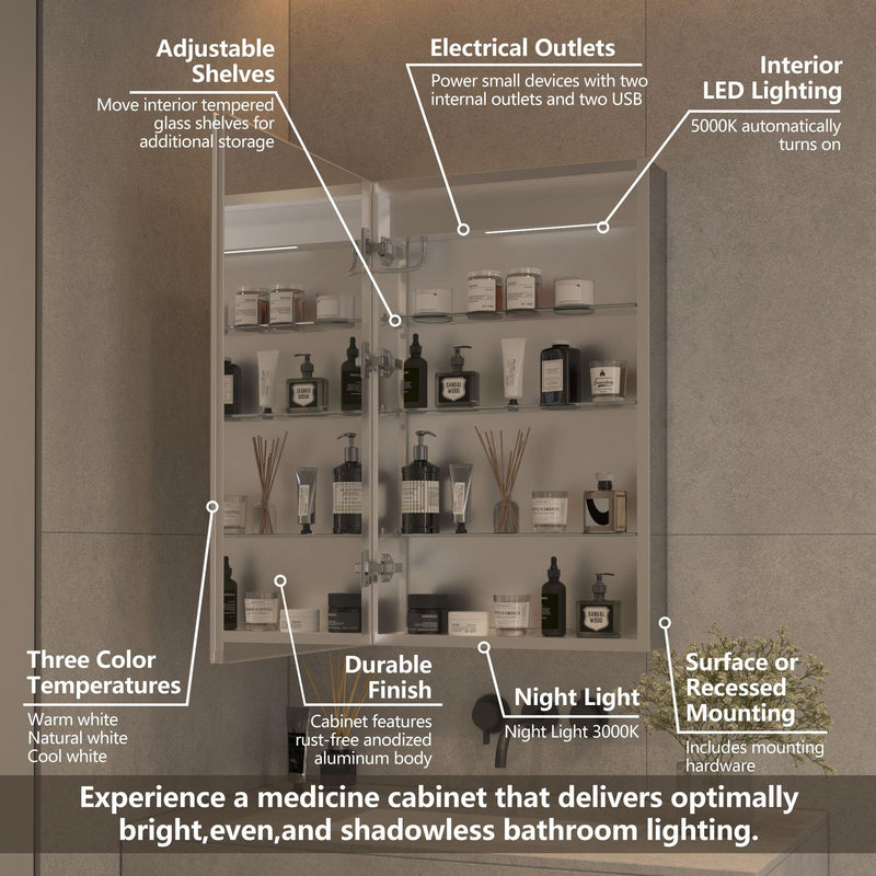 Supfirm Lighted Medicine Cabinet 20 x 32 Inch, Recessed or Surface led Medicine Cabinet, Clock, Room Temp Display,Defog,Night Light,Stepless Dimming,3000K-6400K, Outlets & USBs,Hinge on The Left - Supfirm