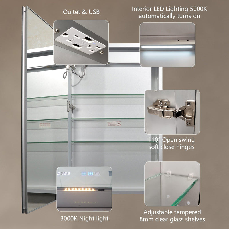 Supfirm Lighted Medicine Cabinet 20 x 32 Inch, Recessed or Surface led Medicine Cabinet, Clock, Room Temp Display,Defog,Night Light,Stepless Dimming,3000K-6400K, Outlets & USBs,Hinge on The Left - Supfirm