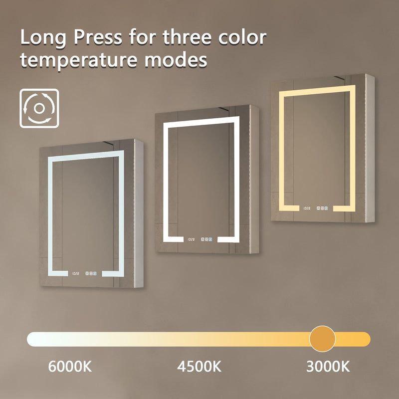 Supfirm Lighted Medicine Cabinet 20 x 32 Inch, Recessed or Surface led Medicine Cabinet, Clock, Room Temp Display,Defog,Night Light,Stepless Dimming,3000K-6400K, Outlets & USBs,Hinge on The Right - Supfirm