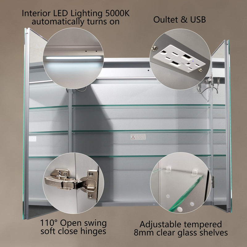 Supfirm Lighted Medicine Cabinet 30 x30 Inch, Recessed or Surface led Medicine Cabinet,Defog,Stepless Dimming,3000K-6400K, Outlets & USBs,Double Sided Mirror - Supfirm