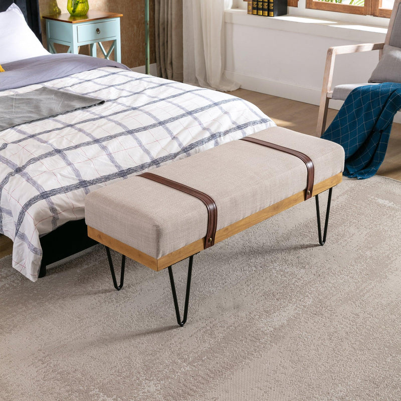 Linen Fabric soft cushion Upholstered solid wood frame Rectangle bed bench with powder coating metal legs ,Entryway footstool - Supfirm