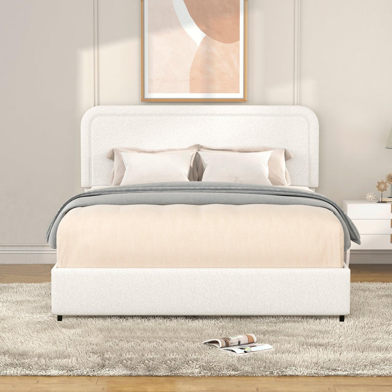 Liv Queen Size Ivory Boucle Upholstered Platform Bed with Patented 4 Drawers Storage, Curved Stitched Tufted Headboard, Wooden Slat Mattress Support, No Box Spring Needed - Supfirm