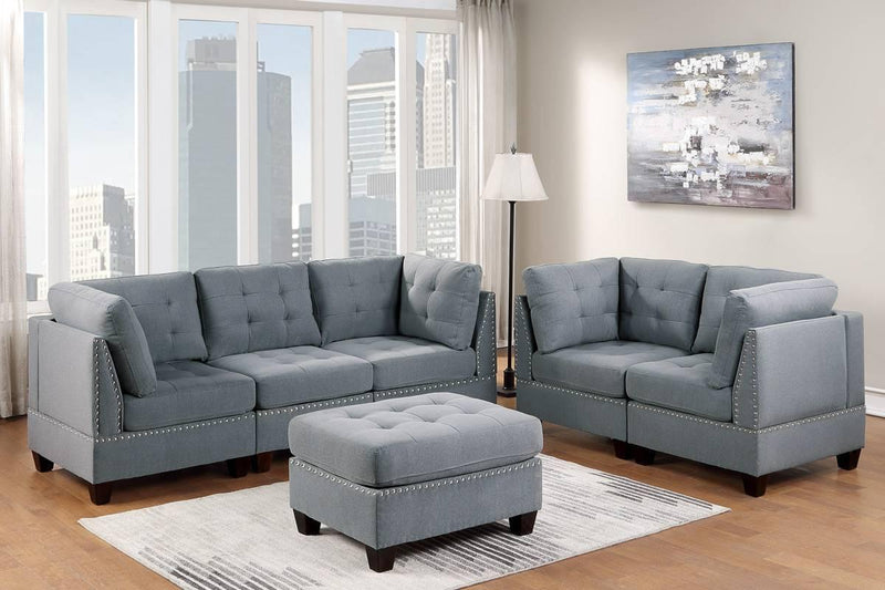 Living Room Furniture Tufted Corner Wedge Grey Linen Like Fabric 1pc Cushion Nail heads Wedge Sofa Wooden Legs - Supfirm