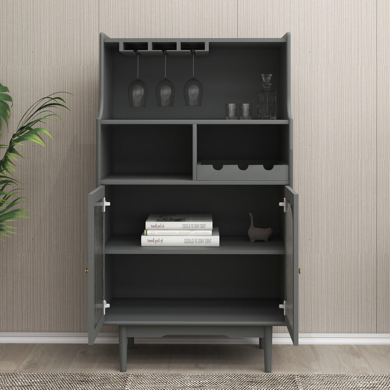 Living Room Grey color wine cabinet with removable rack and wine glass rack, one cabinet with Cubbies glass doors - Supfirm