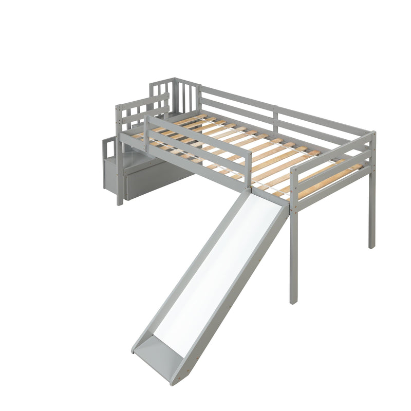 Loft Bed with Staircase, Storage, Slide, Twin size, Full-length Safety Guardrails, No Box Spring Needed, Grey (Old Sku:W504S00005) - Supfirm