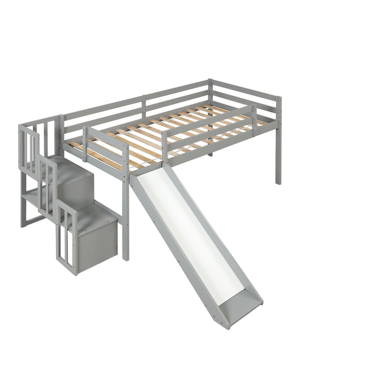 Loft Bed with Staircase, Storage, Slide, Twin size, Full-length Safety Guardrails, No Box Spring Needed, Grey (Old Sku:W504S00005) - Supfirm