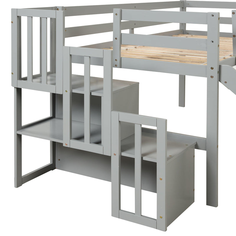 Loft Bed with Staircase, Storage, Slide, Twin size, Full-length Safety Guardrails, No Box Spring Needed, Grey (Old Sku:W504S00005) - Supfirm