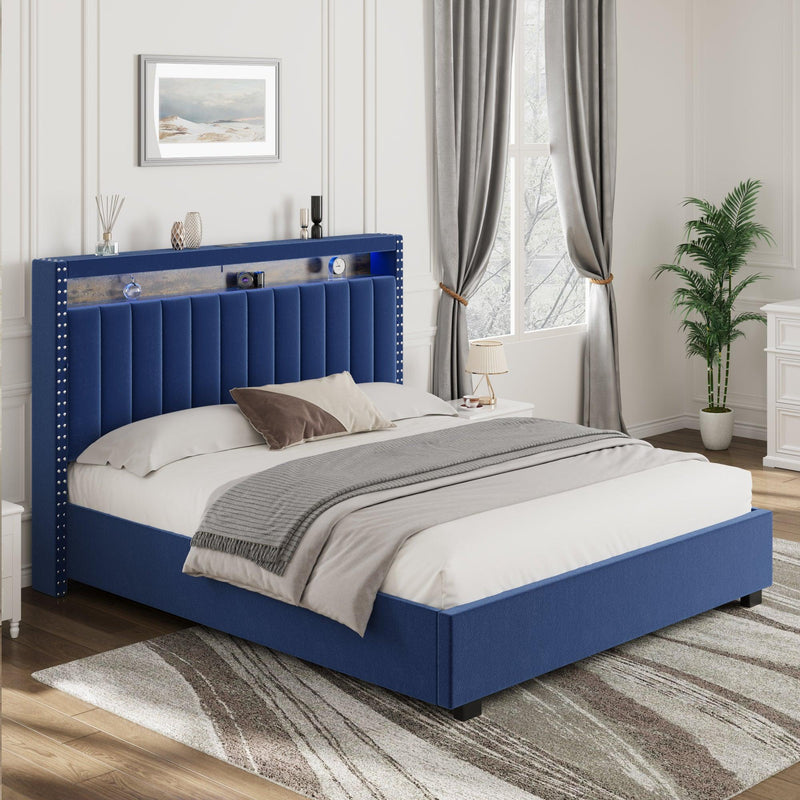 Luxury Gas Lift Storage Bed with RF LED Lights, Storage Headboard ,FULL Size ,Velvet Blue - Supfirm