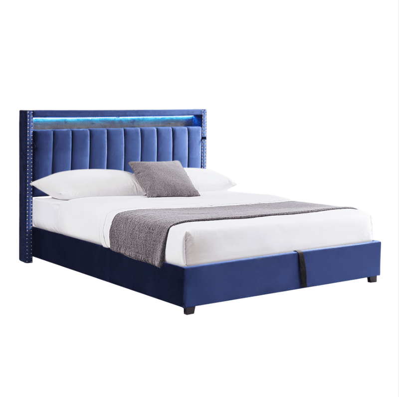 Luxury Gas Lift Storage Bed with RF LED Lights, Storage Headboard ,FULL Size ,Velvet Blue - Supfirm