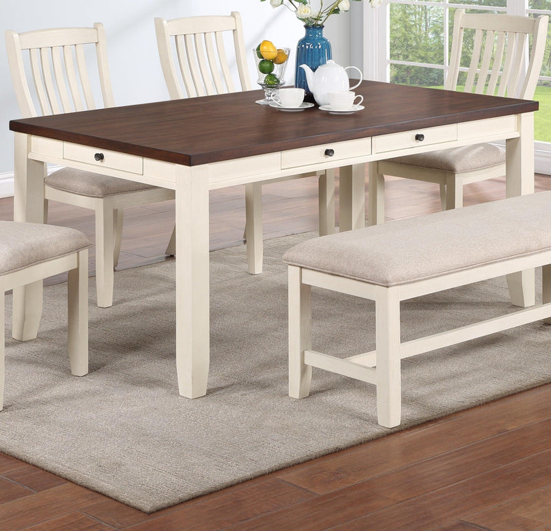 Luxury Look Dining Room Furniture 6pc Dining Set Dining Table w Drawers 4x Side Chairs 1x Bench White Rubberwood Walnut Acacia Veneer Slat Back Chair - Supfirm