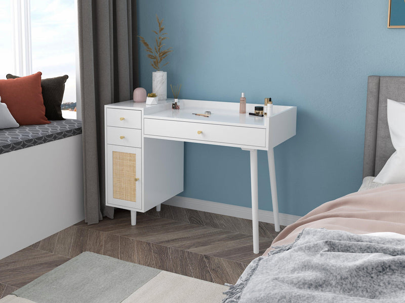 Makeup Vanity with Drawers, Mid-Century Dressing Table White Wood Desk with Rattan Door - Supfirm