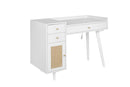 Makeup Vanity with Drawers, Mid-Century Dressing Table White Wood Desk with Rattan Door - Supfirm