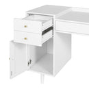 Makeup Vanity with Drawers, Mid-Century Dressing Table White Wood Desk with Rattan Door - Supfirm