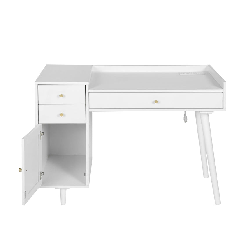 Makeup Vanity with Drawers, Mid-Century Dressing Table White Wood Desk with Rattan Door - Supfirm