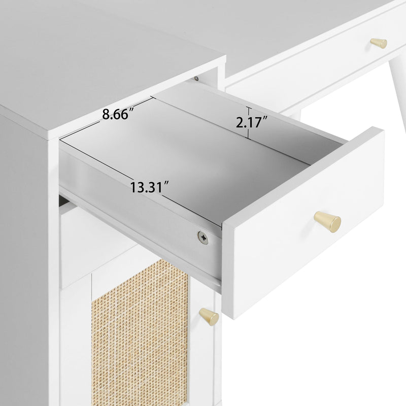 Makeup Vanity with Drawers, Mid-Century Dressing Table White Wood Desk with Rattan Door - Supfirm