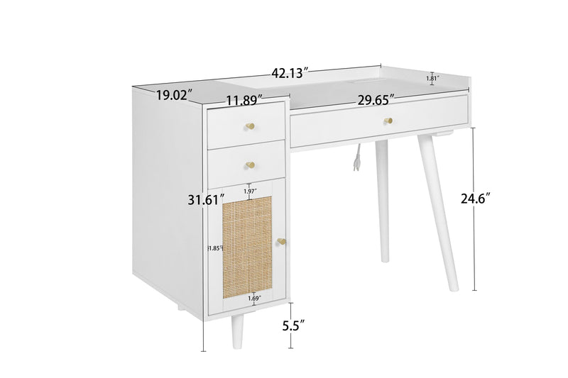 Makeup Vanity with Drawers, Mid-Century Dressing Table White Wood Desk with Rattan Door - Supfirm