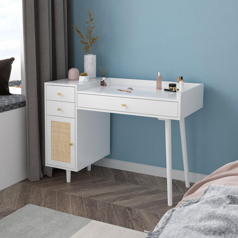 Makeup Vanity with Drawers, Mid-Century Dressing Table White Wood Desk with Rattan Door - Supfirm