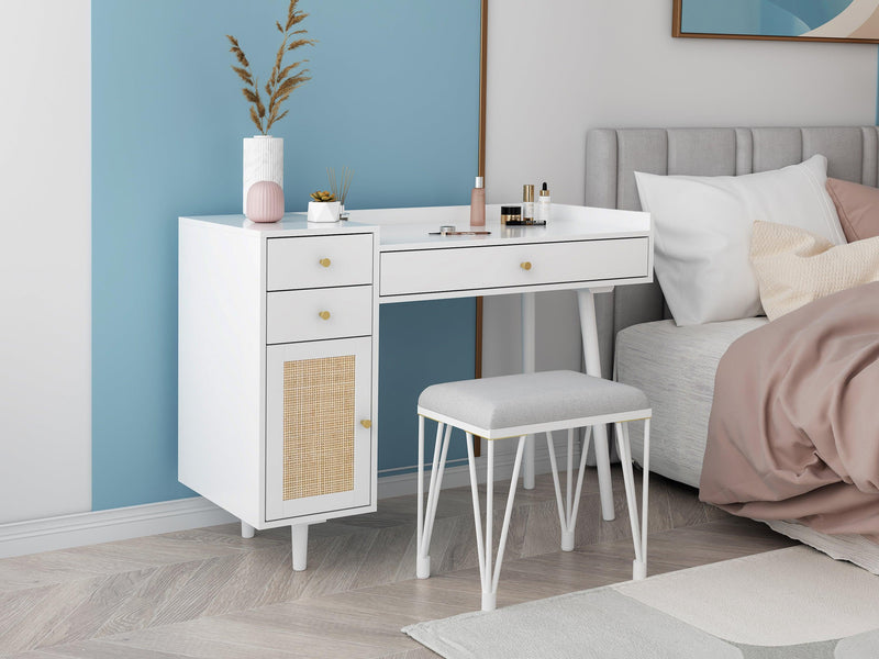 Makeup Vanity with Drawers, Mid-Century Dressing Table White Wood Desk with Rattan Door - Supfirm