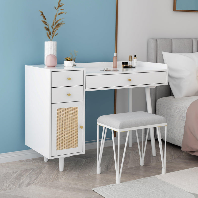 Makeup Vanity with Drawers, Mid-Century Dressing Table White Wood Desk with Rattan Door - Supfirm