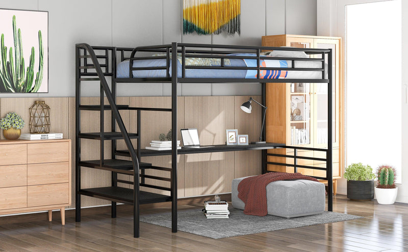 Metal Loft Bed Frame with Desk, No Box Spring Needed,Twin ,Black - Supfirm