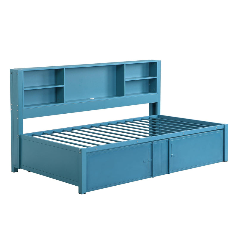 Metal Twin Size Daybed with Twin Size Trundle, Storage Shelves and USB Ports, Blue - Supfirm