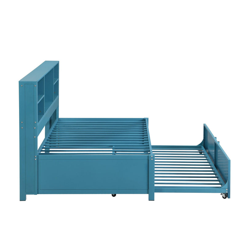 Metal Twin Size Daybed with Twin Size Trundle, Storage Shelves and USB Ports, Blue - Supfirm